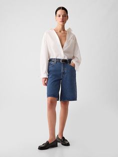 11.5" Mid Rise Longline Denim Shorts Long Jean Shorts Outfit, Long Denim Shorts Outfit, Bermuda Shorts Outfit, Knee Length Denim Shorts, Long Jean Shorts, Long Denim Shorts, Denim Shorts Outfit, Off Duty Outfits, Summer Shorts Denim