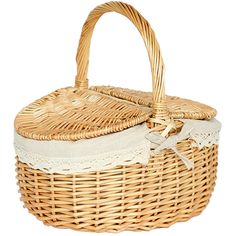 a wicker basket with white lace on the top and bottom, in front of a white background