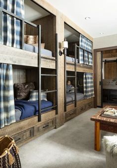 a room with bunk beds and blue plaid curtains on the windowsills in it