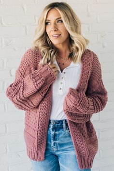 Stay cozy and stylish with our Chunky Mix Weave Cardigan. This open-front cardigan features a chunky cable knit design, creating a mix pattern that adds texture to your wardrobe. Made with plush and warm fabric, it's the perfect addition for chilly days. The solid color makes it easy to pair with any outfit. 95% Polyester 5% Spandex Drop Shoulder Straight Hem Medium weight SIZING: Model is 5'4" wears a size 5 and is modeling the size small. Small/Medium 2-6 Medium/Large 6-12 MEASUREMENTS: SIZE B Woven Cardigan, Boutique Collection, Knit Cardigan Sweater, Sweater For Women, Chunky Knit Cardigan, Women's Sweaters, Cardigan Sweaters For Women, Sleeve Cardigan, Pattern Mixing