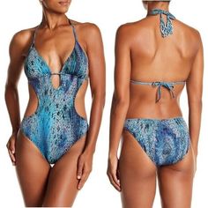 Pilyq Claire Monokini Small New Without Tags - Plunging Neck - Fringed Halter Straps - Back Self-Tie Closure - Front Keyhole Cutout - Side Cutouts - Allover Print - Removable Cup Inserts - No Underwire - Moderate Coverage - Lined Fitted Blue One-piece For Poolside, Blue Fitted One-piece For Poolside, Fitted Blue One Piece For Poolside, Fitted Blue One Piece For The Beach, Fitted Blue One-piece For The Beach, Fitted Blue One Piece For Pool, Fitted Blue One-piece For Pool, Blue Lined One-piece Swimsuit, Blue Lined One-piece For Swimming