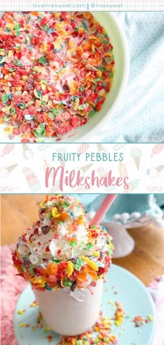 fruity pebbles milkshakes in a cup with sprinkles on top