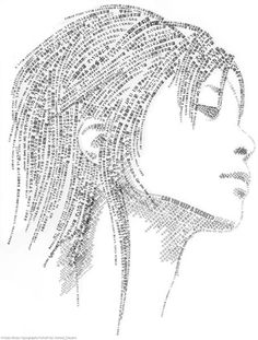 a drawing of a woman's head with words all over her face and neck