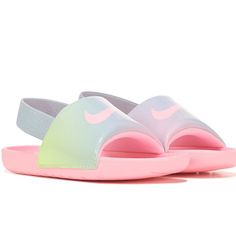 New With Box Nike Slides. Size 5. Playful Synthetic Sneakers For Summer, Pink Cushioned Slides With Round Toe, Pink Slides With Cushioned Footbed And Round Toe, Playful Pink Non-slip Sneakers, Playful Synthetic Slides For Spring, Comfortable Pink Synthetic Slides, Comfortable Pink Slides, Spring Playful Synthetic Slides, Pink Sneakers For Summer Playtime