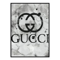 the gucci logo is shown on a black and white background with watercolor stains