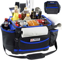 the cooler bag is filled with drinks, condiments, and other food items