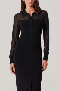 A sheer mesh yoke brings intrigue to this stretchy long-sleeve shirtdress elevated by a hidden-button placket. Hidden-button placket Point collar Long sleeves 65% viscose, 35% nylon with 95% polyester, 5% elastane contrast Dry clean Imported Elegant Stretch Button-up Dress, Elegant Collared Stretch Dress, Elegant Collared Shirt Dress For Night Out, Fitted Long Sleeve Shirt Dress For Office, Sleek Long Sleeve Shirt Dress For Work, Sleek Long Sleeve Shirt Dress, Fitted Long Sleeve Shirt Dress For Evening, Fitted Button-up Shirt Dress For Evening, Fitted Shirt Dress For Evening In Fall