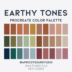 the earth tones palette for procreate color palettes, which includes swatches and hex colors