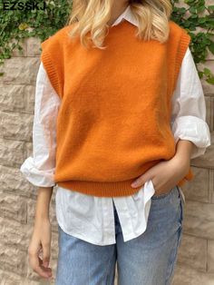 Orange Sweater Vest Outfit, Orange Sweater Vest, Oversized Sweater Vest, Mens Summer Pants, Sweater Vest Outfit, Oversize Sweater, Autumn Sleeve, Orange Sweater, Tank Outfit