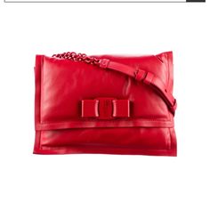 Brenda New Ferragamo Red Viva Leather Shoulder Bag. Luxury Red Clutch Bag, Designer Red Soft Leather Shoulder Bag, Designer Red Shoulder Bag In Soft Leather, Designer Red Textured Leather Bag, Red Calf Leather Bag With Detachable Strap, Luxury Red Bags With Leather Lining, Red Calf Leather Bag With Soft Finish, Red Calf Leather Bag With Soft Texture, Designer Red Leather Shoulder Bag