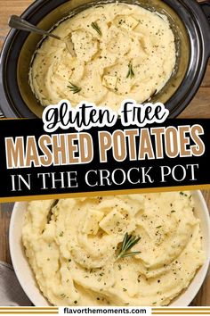 mashed potatoes in the crock pot with text overlay