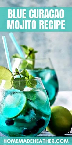 two glasses filled with blue curacao mojito drink and limes on the side