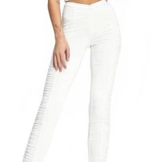 I Am Gia (Estella Pants ) Size L , Color White Stretchy Fabric With Ruffle Accents On The Sides White High-waist Fitted Pants, Fitted High Waist White Pants, White Fitted High Waist Pants, Fitted High-waisted Leggings For Spring, Fitted Spring Bottoms, Fitted High Rise Pants For Spring, Fitted Long Pants For Spring, White Fitted Pants For Night Out, Trendy White Pants For Night Out