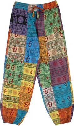 A cool pair of colorful Om script printed cotton harem style pants, loose free flowing fit unisex summer pants are an ideal choice for a fun hippie party or yoga classes. These patchwork pants feature two side pockets and a back pocket, closed elastic at the ankles and an elastic waist with a drawstring for a perfect and comfortable fit. #tlb #Patchwork #vacationclothing #beachwrap #Printed #unisexhippiepants #omprintunisexpants #omprintyogapants #omprintharempants #ompantswithpockets Hippie Shoes Sneakers & Athletic, Multicolor Cotton Pants For Summer, Summer Multicolor Cotton Pants, Casual Multicolor Harem Pants For Summer, Casual Multicolor Harem Pants For Beach, Colorful Cotton Summer Pants, Colorful Summer Cotton Pants, Multicolor Cotton Wide Leg Harem Pants, Multicolor Wide Leg Cotton Harem Pants