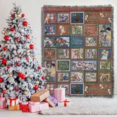 a christmas tree and presents in front of a tapestry