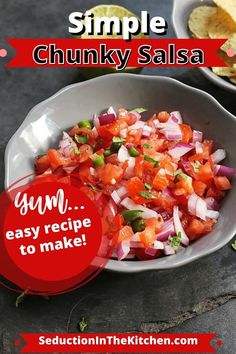 a bowl filled with salsa next to tortilla chips