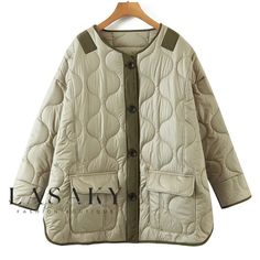 Lasaky - Long-Sleeved Quilted Button-Down Jacket with Flap Pockets in Sage Green Quilted Jacket, Coat Pocket, Cotton Clothing, Oversized Coat, Cotton Coat, Long Sleeves Coats, Brown Jacket, Women Vintage, Coat Fashion