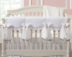 All-White Scalloped Linen Rail Cover with White Ruffle + 4 Pre-Tied Linen Bows - Liz and Roo White Crib White Bedding, Luxury Crib Bedding, Luxury Baby Bedding, Boys Crib Bedding Sets, Luxury Nursery, Girl Crib Bedding Sets, Baby Boy Crib Bedding, Sheet Bed