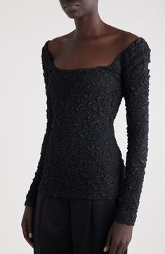 Richly ridged embroidery brings textural delight to a silk-softened top that's carved with a deeply scooped neck and back. Scoop neck Long sleeves Lined 46% polyester, 33% silk, 15% polyamide, 6% elastane Dry clean Made in Italy Designer Clothing Luxury Long Sleeve Embroidered Top, Designer Black Embroidered Tops, Elegant Long Sleeve Black Embroidered Top, Black Long Sleeve Top With Intricate Embroidery, Luxury Semi-stitched Silk Embroidered Top, Scoop Neck Long Sleeve, Favorite Daughter, Designer Clothes For Men, Modern Outfits