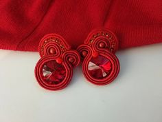 Red Soutache Embroidered Large Stud Earrings Red Earring - Etsy Spain Chic Handmade Clip-on Earrings For Gift, Elegant Handmade Earrings For Valentine's Day, Elegant Handmade Red Earrings, Handmade Red Clip-on Earrings For Party, Elegant Red Handmade Clip-on Earrings, Elegant Red Clip-on Earrings For Party, Handmade Red Evening Earrings, Chic Handmade Clip-on Earrings As A Gift, Large Stud Earrings