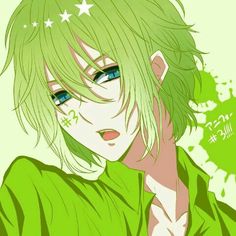 an anime character with green hair and stars on his forehead, staring at the camera