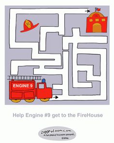 a fire truck maze with the words help engine 9 get to the firehouse