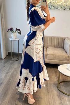 Casual Print Asymmetrical Turndown Collar Long Dress Dresses Dress Sleeve Styles, Half Sleeve Dresses, Turndown Collar, Hip Dress, Lantern Sleeves, Dress Brands, Half Sleeves, Dress Length, Long Dress