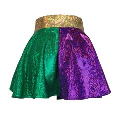 CHILD Mardi Gras Holographic High Waisted Skater Skirt - Mardi Gras Co– Peridot Clothing Fitted Purple Sequin Skirt, Fitted Multicolor Party Shorts, Fitted Rave Shorts For Party, Purple Fitted Skirt For Cosplay, Fitted Purple Skirt For Costume, Fitted Purple Skirt For Cosplay, Fitted Purple Bottoms For Party Season, Fitted Costume Skirt, Stretch Purple Bottoms For Costume Party