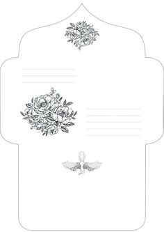 an ornate envelope with roses and leaves on the front, two birds in the back