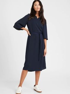 Bell-Sleeve Dress | Banana Republic Chic Relaxed Fit Viscose Dress, Chic Relaxed Fit Dresses For Work, Chic V-neck Business Casual Dresses, Relaxed Fit Viscose Dress For Work, Elegant Relaxed Fit Midi Dress For Work, Flattering Viscose Midi Dress For Work, Relaxed Fit V-neck Dress For Work, Spring V-neck Midi Dress For Business Casual, Relaxed Fit Belted Dress For Work