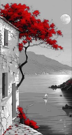 a painting of a red tree by the water