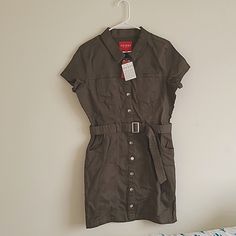 Never Before Worn With Tags - Guess Women's Valari Denim Belted Dress, Color Dusty Sage (Olive Green-Ish), Size Xl. Dress Runs Small, More L, Tight Fit Especially In Waist. Falls Above The Knee. Zero Defects. Olive Fitted Casual Dress, Casual Fitted Olive Dress, Fitted Olive Casual Dress, Fitted Casual Khaki Dress, Casual Fitted Khaki Dress, Casual Olive Cotton Dress, Casual Olive Dress For Day Out, Dusty Sage, Denim Belt