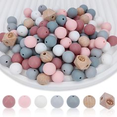 small wooden beads in various colors and sizes on a white plate with wood bead caps