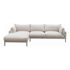 a large sectional couch with a footstool and ottoman in beige fabric on an isolated white background