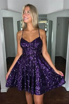 This Purple Sequin A-line Short Homecoming Dress features a beautiful purple color and is made with high-quality sequin material. The A-line silhouette and V-neck design create a flattering shape, while the lace-up back adds an elegant touch. With an above knee length and built-in bra, this dress is both stylish and comfortable. SKU: 3405 Purple color Sequin material A-line silhouette V neck Lace-up back Above knee length Built-in bra Ship in 7-10 business days Size: US 2-16. We offer free retur Purple Dresses Formal Short, Dark Purple Formal Dress Short, Sparkly Purple Dress Short, Plus Size Homecoming Dresses Short, Dark Purple Sweet 16 Dresses, Dresses To Wear To A Graduation, Purple Formal Dress Short, Purple Sequin Dress Short, Short Dark Purple Dress