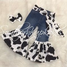 These Are All Brand New Jeans With Cow Print Flares, Super Cute, Super Trendy, All Sizes Available. They Are Blue Jeans (Fade May Vary) With Black And White Cow Print Flares. Will Also Include A Little Strip Of The Cow Print Fabric (Shown As Belt) - It Is Just A Strip Of The Fabric, Not Sewn Or Turned, Just Raw Pinked Edge. Farm Parties, Ruffle Jeans, Girls Western Wear, Black And White Cow Print, White Cow Print, Black And White Cow