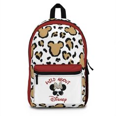 Wild About Disney Leopard Minnie Backpack Perfect for every day use or trips to the theme parks! Also a unique and adorable bag for school! Got space? With our roomy and durable backpack, you will have plenty! This bag is made from spun polyester and weights 1.3 lbs - just enough to be light, strong and long-lasting. Grab it, stow it, throw it onto the seat next to you, this backpack can take it, and so will you, wherever you go!  Each backpack is custom made to order. Production averages 2-5 bu Disney White Backpack For Back To School, Casual Minnie Mouse Bag For Back To School, Disney Backpack For Daily Use And Back To School, Back To School Backpack For Disney Fan Events, White Disney Backpack For Back To School, Disney Backpack For Back To School, Minnie Mouse Backpack For Travel And Back To School, Disney Backpack For School, Minnie Mouse Backpack For Back To School