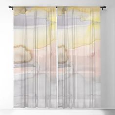 a window curtain with an abstract painting on the outside and yellow, pink, grey and white colors