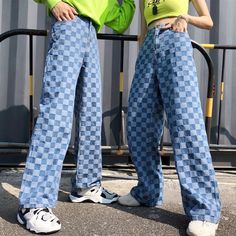 Checkered Jeans, Cargo Pants Streetwear, Plaid Jeans, Outwear Fashion, Casual Pants Style, Checkered Pants, Jean Large, Jean Vintage, Vintage Trousers