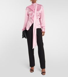 Find VICTORIA BECKHAM Asymmetric Satin Blouse on Editorialist. Self-tie neck. Material: 100% polyester. Made in Portugal. Designer color name: Rose. Buttoned cuffs. Care instructions: dry clean. Trim: 100% polyester. Closure: buttoned front. Designer Pink Formal Blouse, Designer Pink Workwear Blouse, Designer Pink Blouse For Work, Designer Pink Top For Formal Occasions, Spring Silk Top With Asymmetrical Neckline, Silk Top With Asymmetrical Neckline For Spring, Spring Asymmetrical Silk Blouse, Elegant Silk Top With Asymmetrical Hem, Elegant Silk Tops With Asymmetrical Hem