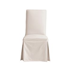 a white chair with a skirted seat cover on it's back and bottom