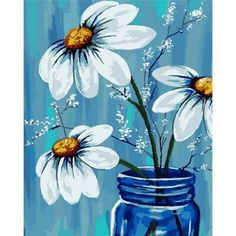 a painting of white daisies in a blue mason jar