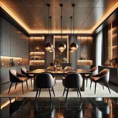 an elegant dining room with black chairs and gold lights on the ceiling, along with marble flooring