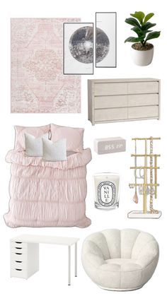 a bedroom with white furniture and pink decor