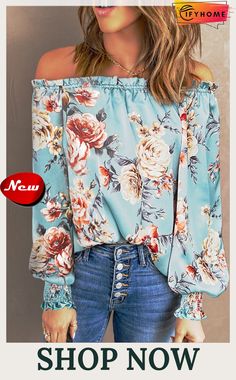 Sky Blue Ruffled Off Shoulder Long Sleeve Floral Blouse Floral Blouse, Sky Blue, Blue Sky, Off Shoulder, On Sale, Top Blouse, Long Sleeve, Floral, Women's Top