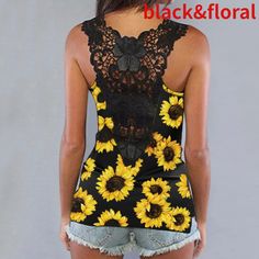 Women's Summer Sleeveless Sunflower Lace Splicing Open Back Tank Tops Casual Scoop Neck Shirt Tops Plus Size Lace Splicing, Sunflower Print, Casual Tank Tops, Lace Tank Top, Lace Tank, Pattern Floral, Sleeveless Tank Top, Sleeveless Tank, Summer Women