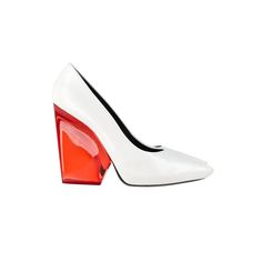 Make A Bold Statement With The Celine Demi Pointed Toe Wedge Pumps In White Leather And Clear Red Heels. These Pumps Feature A Striking Contrast Between The White Leather Upper And The Clear Red Wedge Heels, Creating A Fashion-Forward And Daring Look. *With Dust Bag Celine Demi Pointed Toe Wedges Pumps In White Leather Sign Of Wear: Minor Marks On Leather Surface; Moderate Wear On Soles Sku: 345852 Condition: Very Good Color: White Material: Leather Size: Eu39.5/Uk6.5/Us9.5 Modern Wedge Heels With Reinforced Heel, Bold Heels With Contrasting Heel Counter, Modern Heels With Red Sole For Spring, Modern Spring Heels With Red Sole, Modern White Heels With Padded Heel, Modern White Heels With Sculpted Heel, Modern Heels With Red Sole And Block Heel, Trendy White Patent Leather Heels, White Heels With Red Sole For Spring