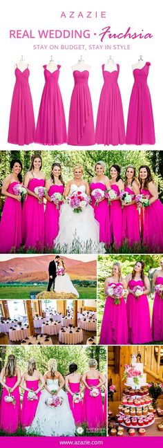 the bride and her bridal party in fuchsia pink dresses with matching bouquets