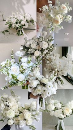 white flowers and greenery are arranged in vases