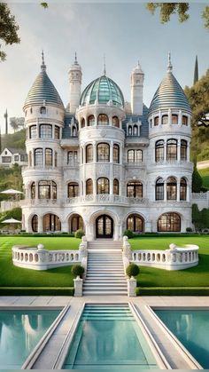 Art Nouveau Chateauesque Castle Mansion: A one-of-a-kind #dreamhome inspired by a castle. The mansion sits on a lush hillside in an exclusive West Los Angeles neighborhood and overlooks the city from above. The house has a white facade with turrets, cone-shaped rooftops, and a glass-domed viewing tower for a dash of character, making it a luxurious home unlike many others. #architecture